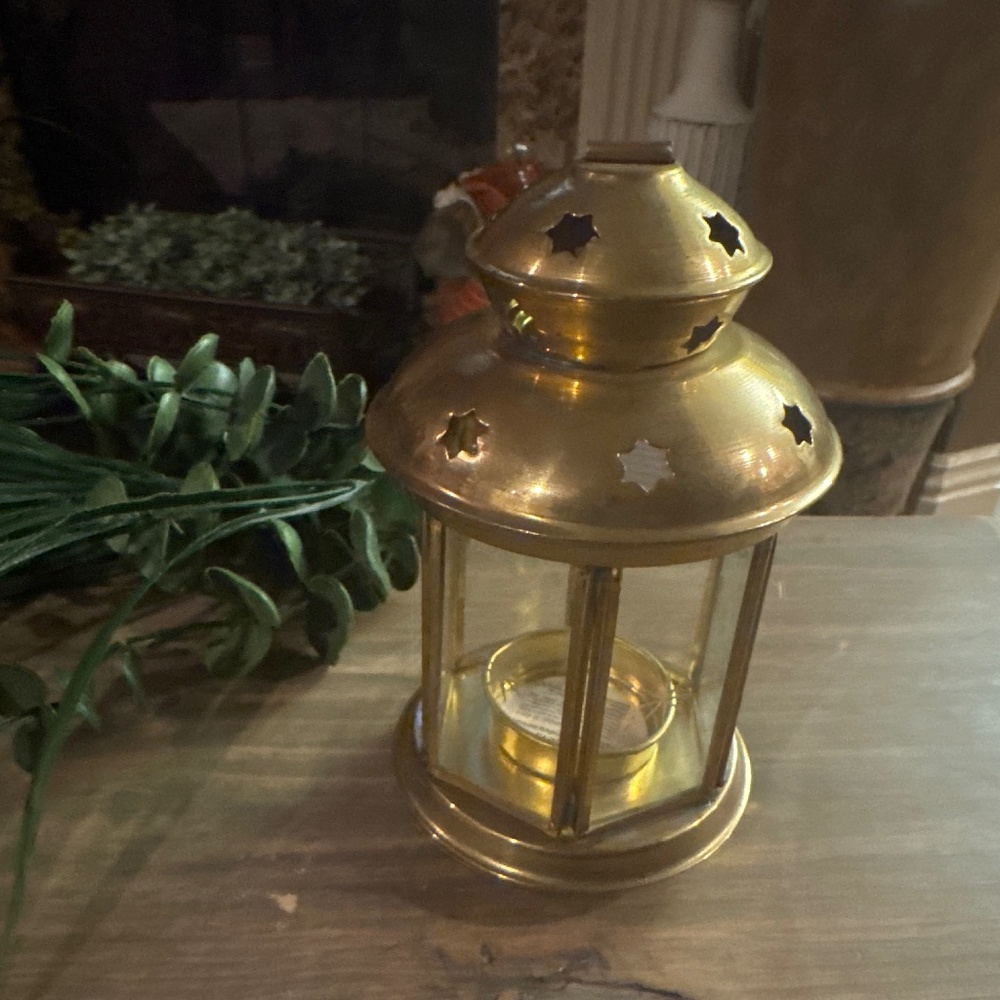 Vintage 6” Brass Etched Glass Tea Light Candle Lantern Mid Century Modern